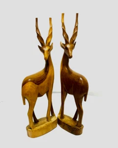 Beautiful Pair of Vintage Wooden Hand Carved Genuine Kenyan Africa Antelopes - Picture 1 of 19