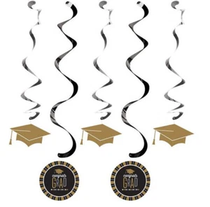 GRADUACIÓN fiesta colgante DECORACIÓN DE REMOLINO con lámina escuela 5 piezas NEGRO PLATA ORO - Imagen 1 de 1