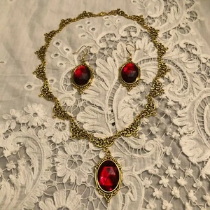 CHARLOTTE FILIGREE VICTORIAN STYLE RED GOLD PL NECKLACE SET LARGE EARRINGS CHG - Picture 1 of 10