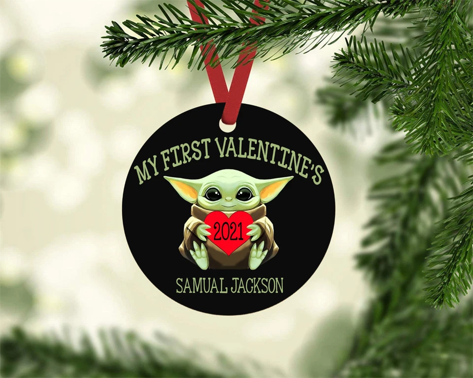 GROGU YODA FIRST VALENTINE'S PERSONALIZED NAME METAL ORNAMENT GIFT TAG YEAR 2021 - Image 1 of 1