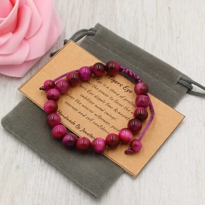 MAGENTA TIGERS EYE Bracelet Cord Handmade + Gift Bag Gemstone Chakra 6/8mm - Image 1 of 4