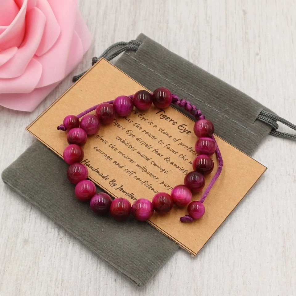 MAGENTA OJO DE TIGRE Pulsera Cordón Hecho a Mano + Bolsa de Regalo Piedras Preciosas Chakra 6/8mm Foto 1 de 4