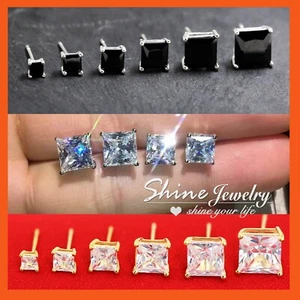 GENUINE STERLING SILVER GOLD BLACK SOLID SQUARE STUD SIMULATED DIAMOND EARRINGS - Picture 1 of 27