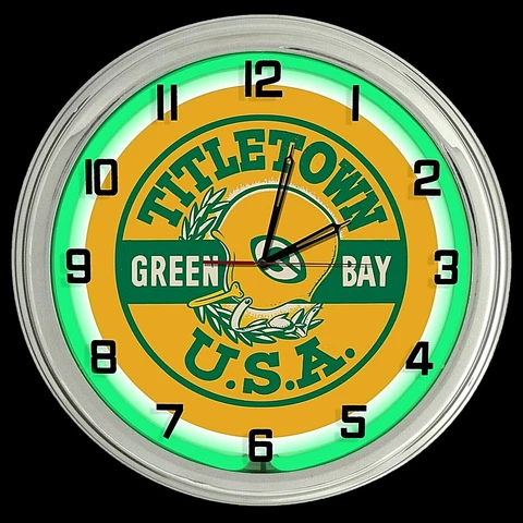 Green Bay Packers Title Town 16" Green Neon Clock Man Cave Game Room Football Cover