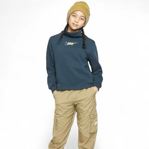 Nike Fleece Funnel Neck Girls L Deep Jungle Gold Pullover Sweatshirt FJ6160 - Picture 1 of 8