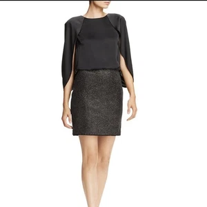Aidan Mattox Silk Cape Dress Black Metallic Mini Size 4 Elegant Evening Cocktail - Picture 1 of 12