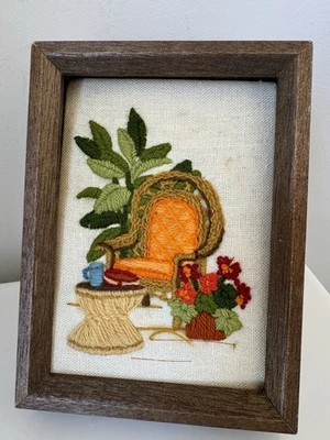 Crewel vintage framed embroidery wall art 1970’s cottage core crewelwork  - Image 1 of 4