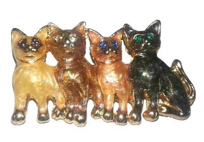 Broche 4 Gatos Esmaltado Rojo, Azul, Verde, Amarillo Estrás Ojos Tono Dorado Foto 1 de 4