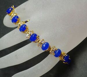 Real Blue Jade Cabochon Beads Cubic Zirconia Yellow Gold Plated Bangle Bracelet