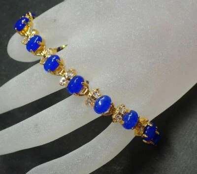 Real Blue Jade Cabochon Beads Cubic Zirconia Yellow Gold Plated Bangle Bracelet - Image 1 of 4