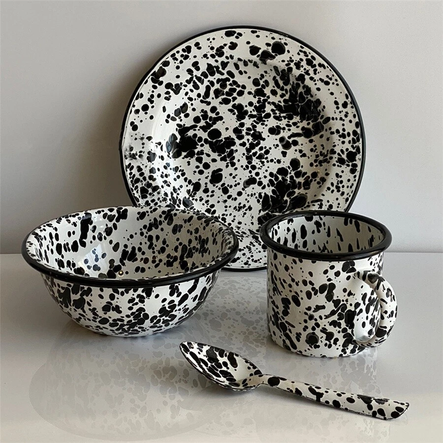 Emaille Marmor Salat Schüssel Teller Löffel Becher Tasse Handbemalt Essen Küche - Bild 1 von 4