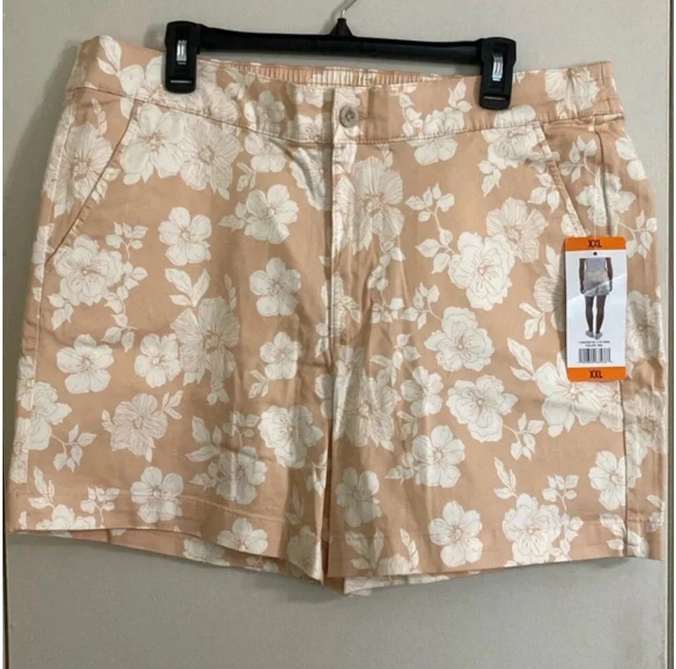 WOMENS XXL TAN FLORAL JACHS MID-RISE PRINTED CHINO SHORTS COTTON BLEND
