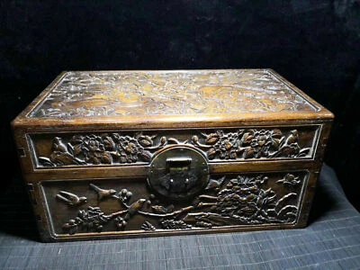 中国清朝旧古董黄色方木鸟木盒珠宝盒  — 第 1/4 张图片