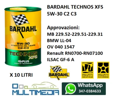 10 LITRI OLIO MOTORE AUTO BARDAHL XFS C2 C3 5W30 API SN SP BMW LL04 MB 229.51 - Immagine 1 di 3