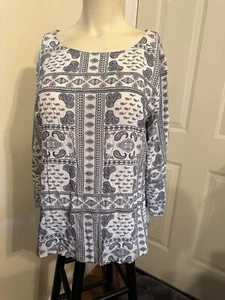 Tom Tailor Blouse Tunic 3/4 Sleeves Scoop Neck Rayon White Blue Sz 40 US L/XL - Picture 1 of 6