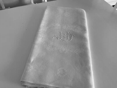 linge ancien Nappe DE MARIAGE Damassé Soie Couronne De Laurier Monogrammes J D - Photo 1/4