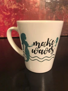 NEW ORCA COATINGS COFFEE MUG CUP MAKE WAVES MERMAID TEAL BLACK WHITE Signed ART - Picture 1 of 5