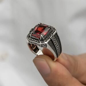 Men's Ring 925 Sterling Silver Turkish Jewelry Garnet Stone All Size