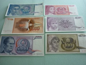 National Bank of Yugoslavia, Six Banknotes 10,50,100,500,1000 & 5000 Dinars UNC. - Picture 1 of 7