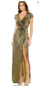 NUEVO Vestido Mac Duggal 5623 Lentejuelas Imitación Envolvente Manga Gorra Oliva Talla 14 Precio de venta sugerido por el fabricante $598 - Imagen 1 de 8