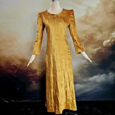 Vestido Maxi Formal Vintage Años 70 Hasta el Suelo Dorado Amarillo Terciopelo Manga Abullonada  Foto 1 de 4