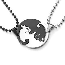 2x Kitty Cat Interlock Couple Friendship Stainless Steel Necklace For Men Women