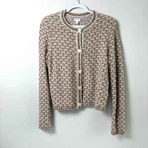 J Crew Tweed Cardigan Sweater Women M Tan Brown Button Front Linen Blend CD422 - Picture 1 of 11