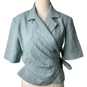 Homemade Blouse Womens S/M Green Textured Wrap Collared Waist Tie Pleated - Picture 1 of 12