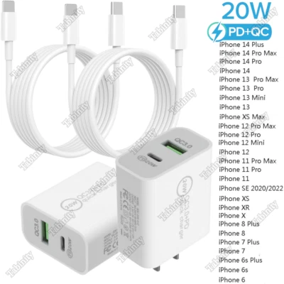  Fast Wall Charger 20W PD USB Type C Adapter Cable For iPhone 14/13/12/11/XR/X/8 - Image 1 of 4