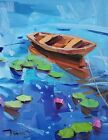 JOSE TRUJILLO Oil Painting IMPRESSIONISM Collectible ORIGINAL Waterlilies Boat