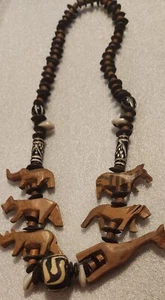Vtg SAFARI FETISH ANIMALS NECKLACE Buri Wood? CARVED Beads FETISH 26" L - Picture 1 of 8