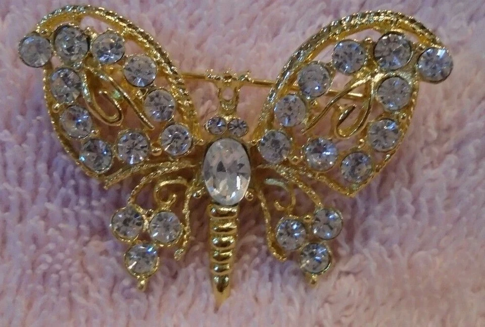 Broche prendedor mariposa grande dorado y cristal transparente Foto 1 de 3