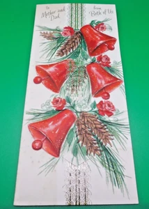 Vintage Christmas Card 1959 Hallmark Slim Jims Red Bells Mother & Dad - Picture 1 of 3