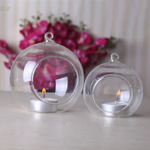 Clear Glass Candle Holder Tea Light Flower Hanging Christmas Bauble Sphere Ball - Picture 1 of 7