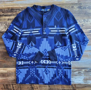 Polo Ralph Lauren Aztec Southwest Henley Shirt Long Sleeve Blue Cotton Men's M - Picture 1 of 10