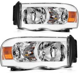 Headlights For 2002-2005 Dodge Ram Front Pair Headlamp Pair Chrome - Picture 1 of 9