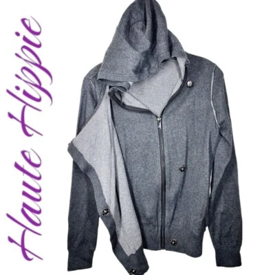HAUTE HIPPIE 100% Cotton Asymmetric Zip Gray 2-tone Hoodie, Size XS/S - Image 1 of 4