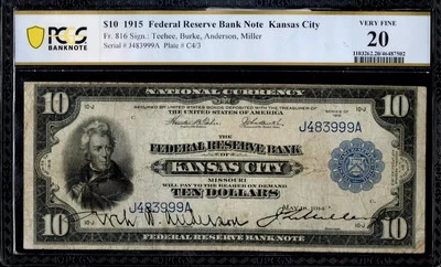 $10 1915 FRBN, Fr. 816 Kansas City Scarce PCGS-B Very Fine 20 - Image 1 of 2