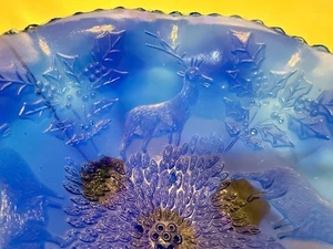 Vintage FENTON dekorative kobaltblaue HIRSCH und Stechpalme rund drei Fuß Schale - Bild 1 von 11