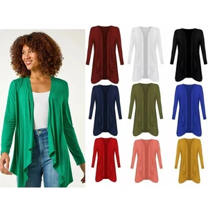 Ladies Hanky Hem Womens Hi Low Long Sleeve Top Waterfall Floaty Open Cardigan - Picture 1 of 4