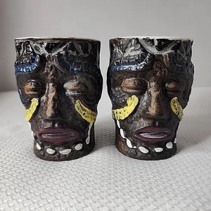 Cerámica Azteca Maya México Grande 4oz. Juego de 2 mascarillas de ídolo vintage de vidrio de chupito - Imagen 1 de 8