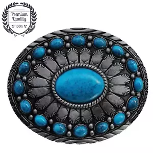 OVAL TURQUOISE Belt Buckle Metal Zinc Alloy Vintage Blue Fashion Western Premium - Foto 1 di 3
