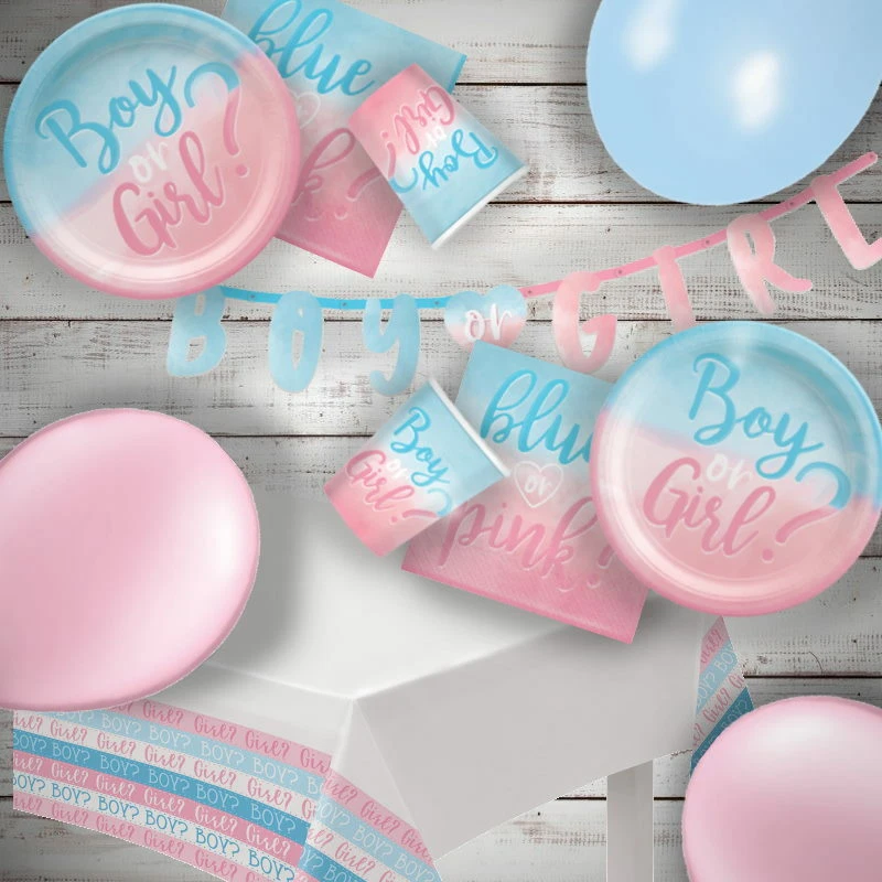 Gender Reveal Party Theme Decorations Balloons Banner Tableware - He or She - Image 1 of 1
