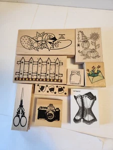 Lot of 9 Wood Mounted Rubber Stamps Halloween Camera Fence Scissors Pre-owned - Picture 1 of 10