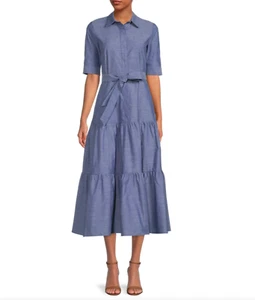 Calvin Klein Women Dark Denim Belted Chambray Tiered Shirtdress Size 10 NWT 149$ - Picture 1 of 9