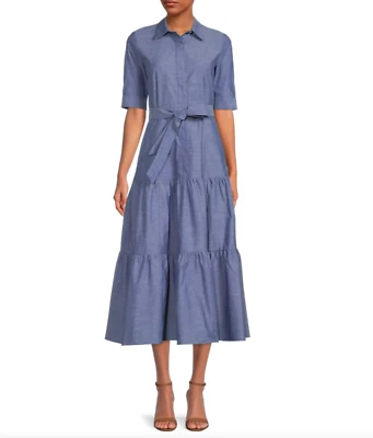Calvin Klein Women Dark Denim Belted Chambray Tiered Shirtdress Size 10 NWT 149$ - Image 1 of 4