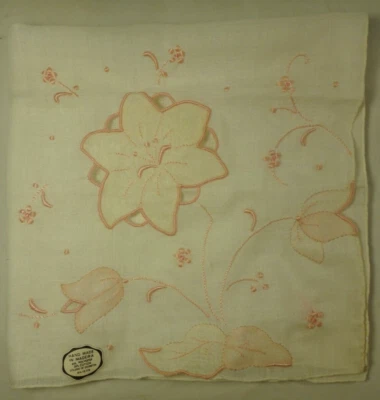 Bufanda de bolsillo vintage Hankie apliques bordados rosa flor boda Madeira 15" Foto 1 de 4
