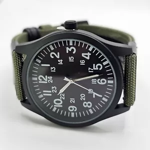Men's Field Watch Large 42MM Black Case Black Dial Green Black Canvas Bands - Picture 1 of 14