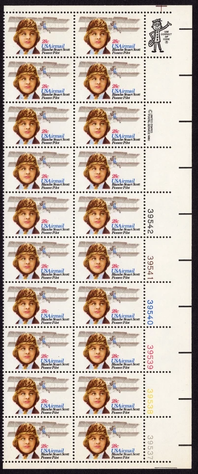 Scott #c99 Blanche Stuart Scott Airmail Plate Block of 20 Stamps - MNH LR - Image 1 of 1