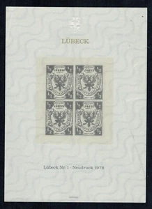 Germany Lübeck #1 1978 Reprint block of 4, some minor wrinkles, embossed, F/VF - Picture 1 of 2
